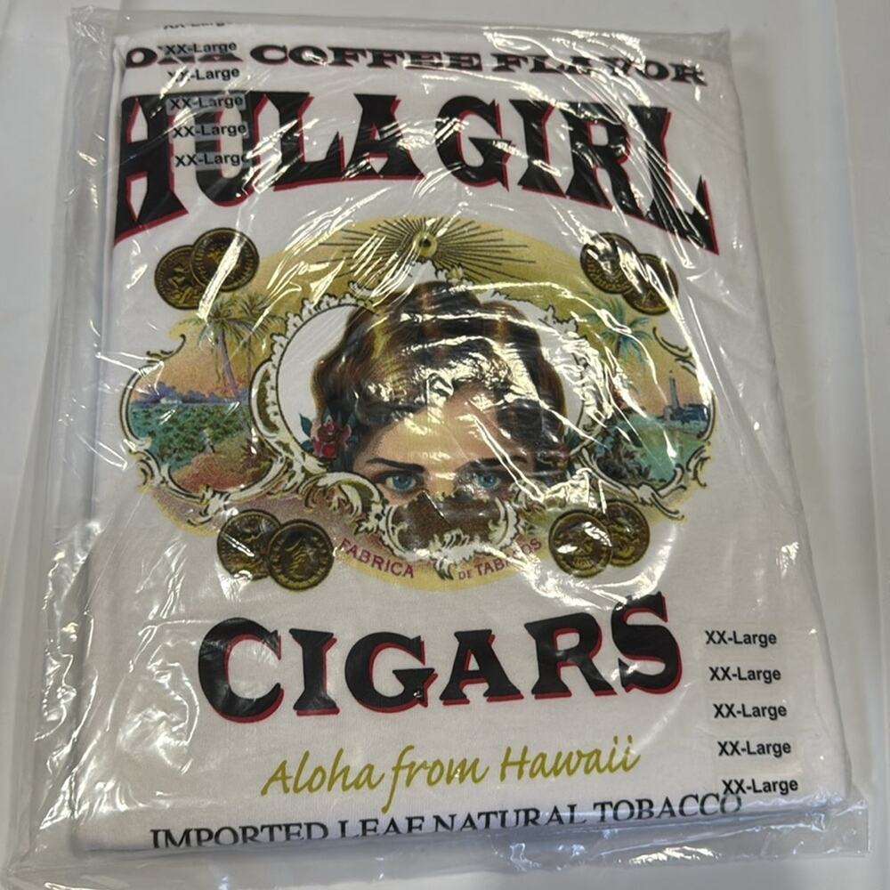 NWT Kona Coffee Flavor HULA GIRL CIGARS Aloha from Hawaii White T-Shirt L